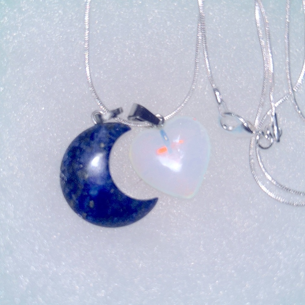 Boho hippie Blue Lapis Lazuli Moon 🌙 & Opal heart Sterling Silver Necklace